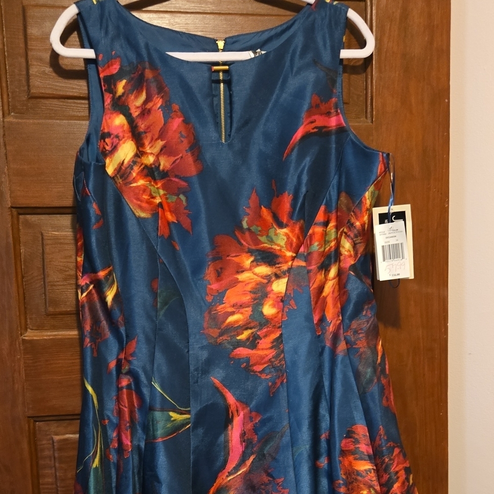 Chic Blue and Red Dress with Vibrant Floral Design